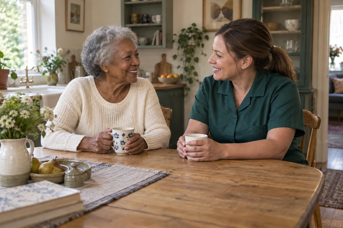 A home care professional and an older woman sharing a moment at a kitchen table